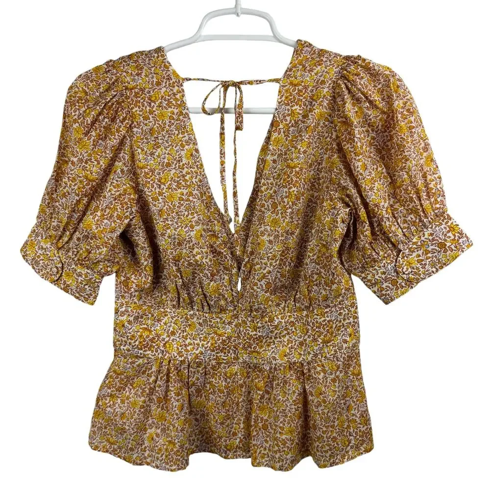 Women's J. Crew Ditsy Floral Blouse Puff Sleeve V-neck Back Zip Poplin‎ Top sz 0